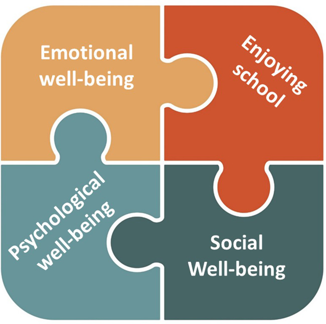 Four pieces of puzzle that fit together with the text Emotional well-being, Enjoying School, Psychological well-being, Social well-being.